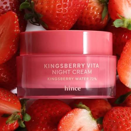 hince Kingsberry Vita Night Cream jar surrounded by fresh strawberries — 72% kingsberry water formula