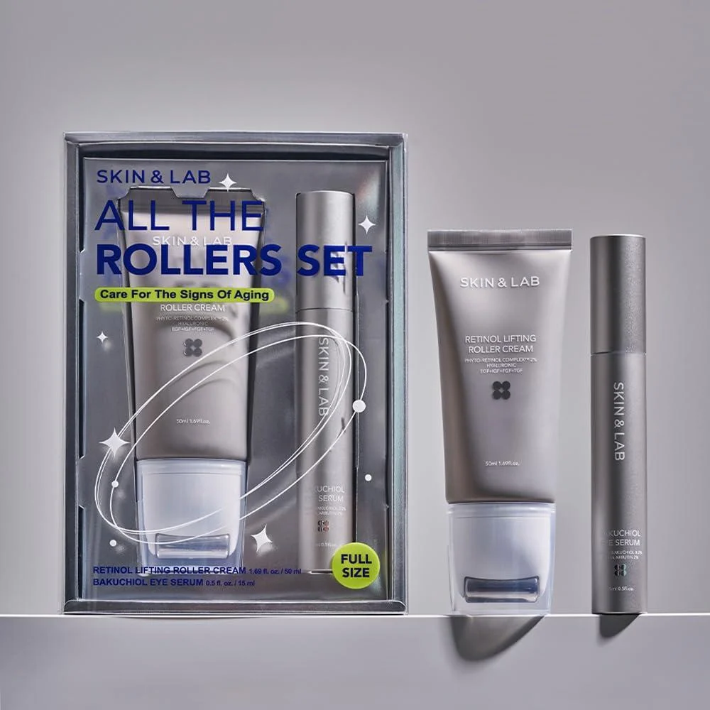 SKIN&LAB All The Rollers Set — Retinol Lifting Roller Cream and Bakuchinol Eye Serum packaging on a soft grey backdrop